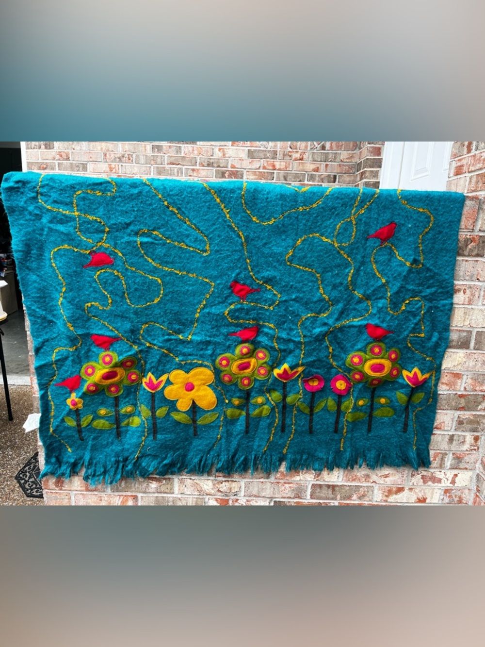 Vintage Teal Wool Floral Felted Throw with Red Birds